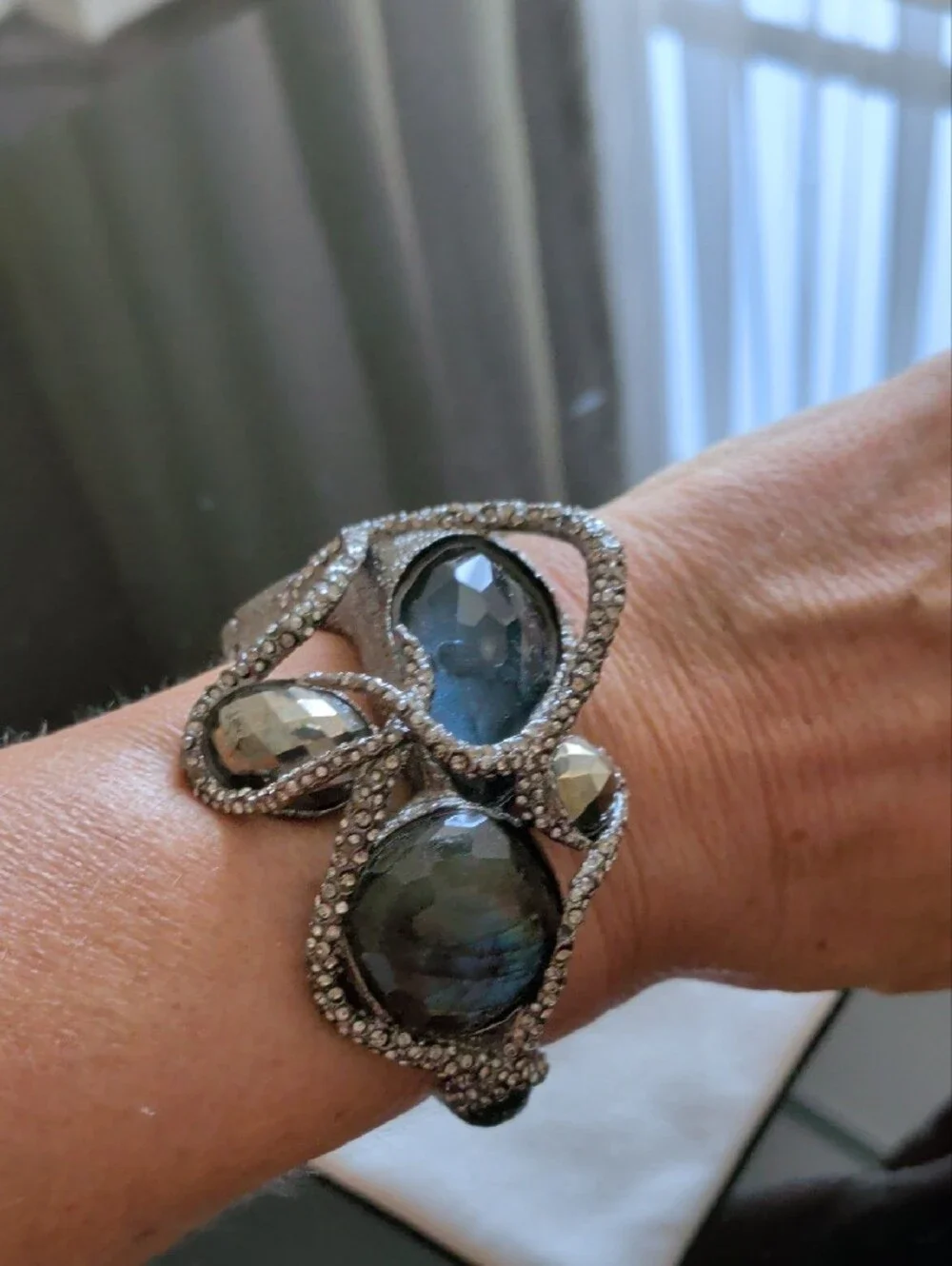 tba Silver-Tone Cuff Bracelet with Smoky Black and Gray Faceted Stones